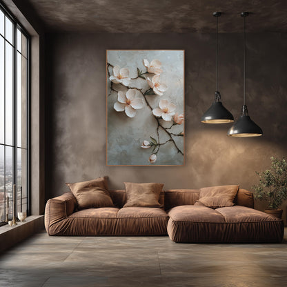Blush Almond Branch Romantic Decor wall art in an elegant modern room – branch of cream and blush-pink almond blossoms
