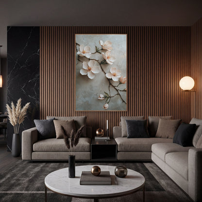 Blush Almond Branch Romantic Decor wall art in an elegant modern room – branch of cream and blush-pink almond blossoms