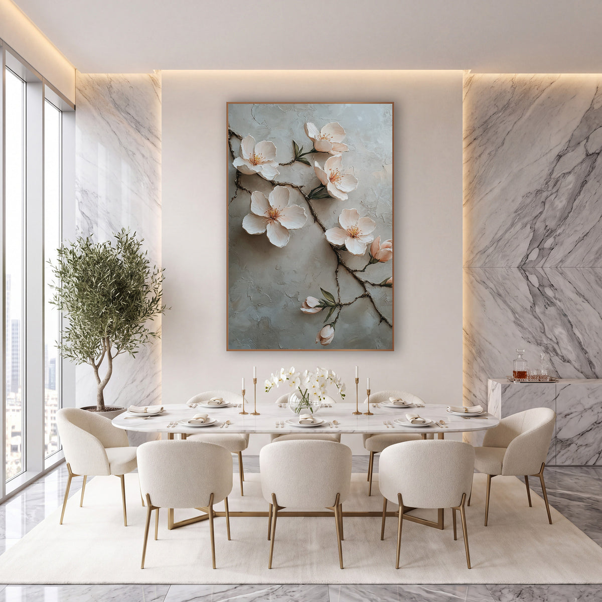 Blush Almond Branch Romantic Decor wall art in an elegant modern room – branch of cream and blush-pink almond blossoms