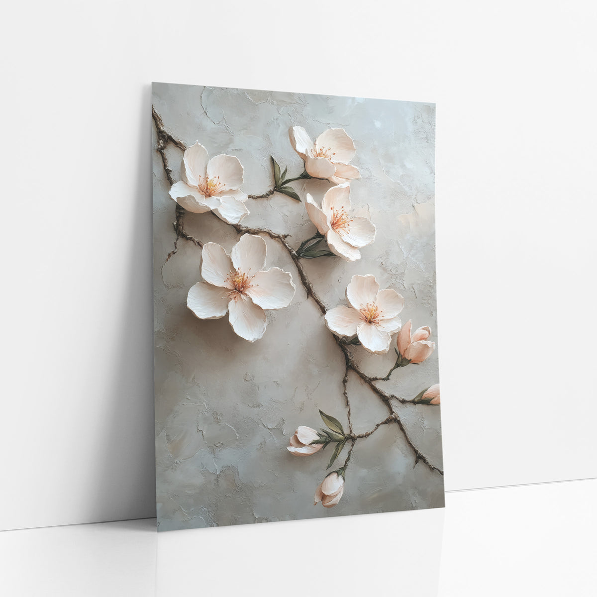Blush Almond Branch Romantic Decor art print leaning against a white wall – branch of cream and blush-pink almond blossoms