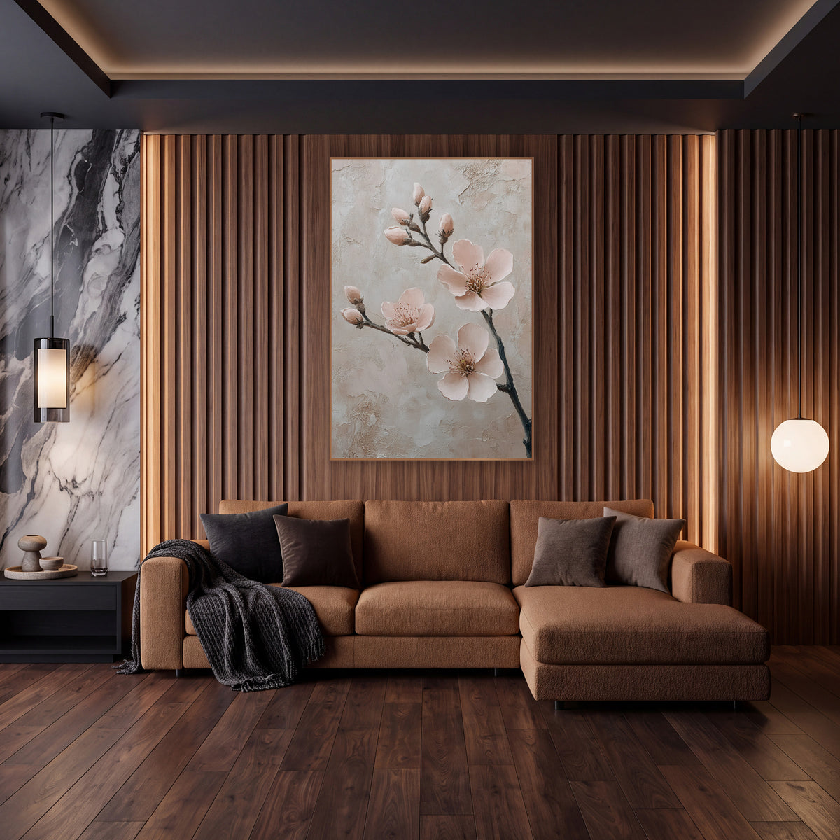 Upright Almond Bough Buds Painterly wall art in an elegant modern room – branch with three blush pink blossoms