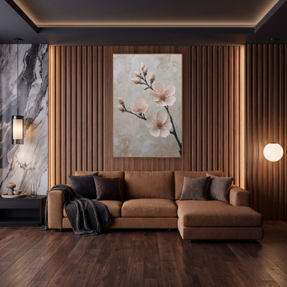 Upright Almond Bough Buds Painterly wall art in an elegant modern room – branch with three blush pink blossoms