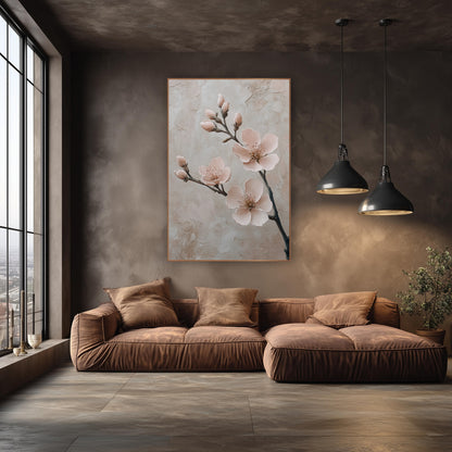 Upright Almond Bough Buds Painterly wall art in an elegant modern room – branch with three blush pink blossoms