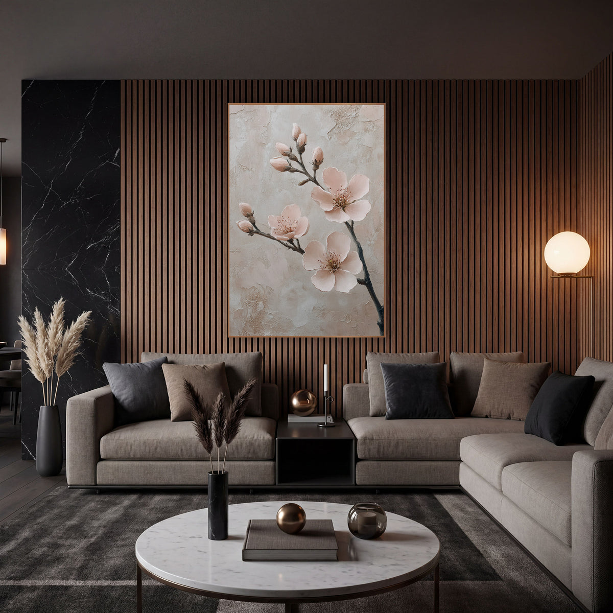 Upright Almond Bough Buds Painterly wall art in an elegant modern room – branch with three blush pink blossoms