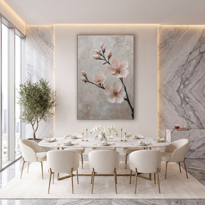 Upright Almond Bough Buds Painterly wall art in an elegant modern room – branch with three blush pink blossoms