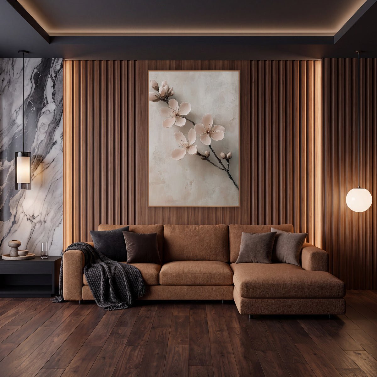 Floating Blossom Sprig Soft Neutral wall art in an elegant modern room – branch with three blush pink blossoms