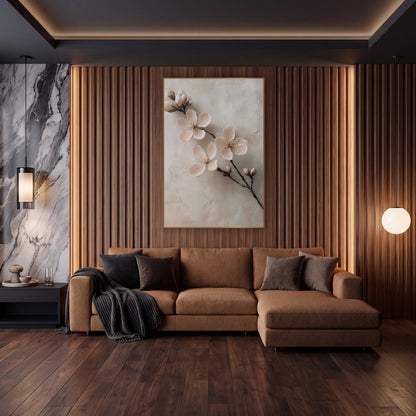 Floating Blossom Sprig Soft Neutral wall art in an elegant modern room – branch with three blush pink blossoms