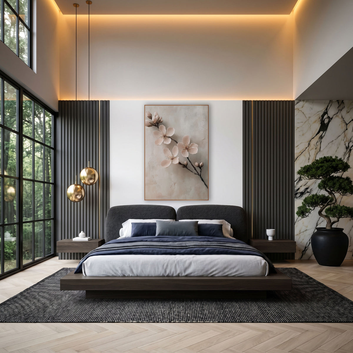 Floating Blossom Sprig Soft Neutral wall art in an elegant modern room – branch with three blush pink blossoms