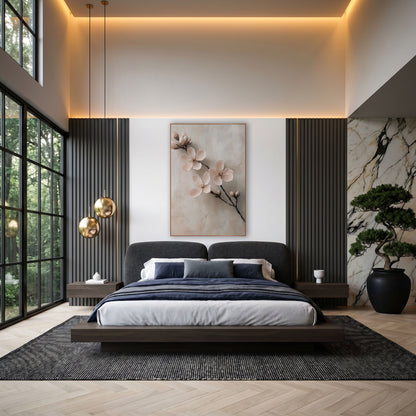 Floating Blossom Sprig Soft Neutral wall art in an elegant modern room – branch with three blush pink blossoms