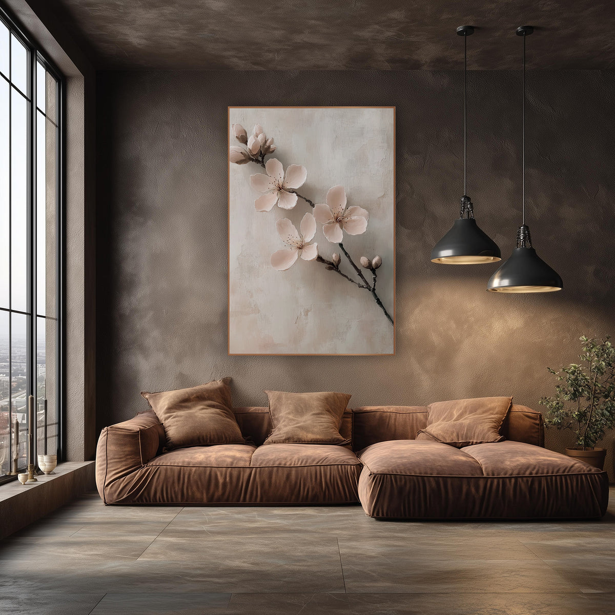 Floating Blossom Sprig Soft Neutral wall art in an elegant modern room – branch with three blush pink blossoms