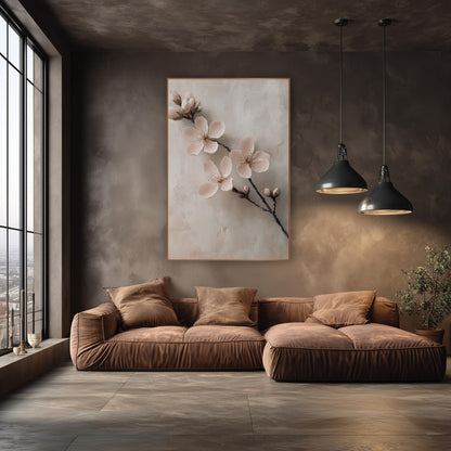 Floating Blossom Sprig Soft Neutral wall art in an elegant modern room – branch with three blush pink blossoms