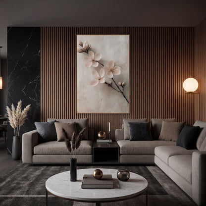 Floating Blossom Sprig Soft Neutral wall art in an elegant modern room – branch with three blush pink blossoms