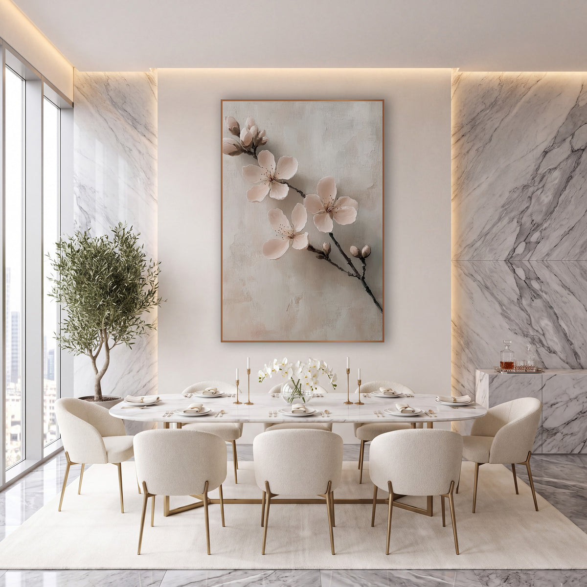 Floating Blossom Sprig Soft Neutral wall art in an elegant modern room – branch with three blush pink blossoms
