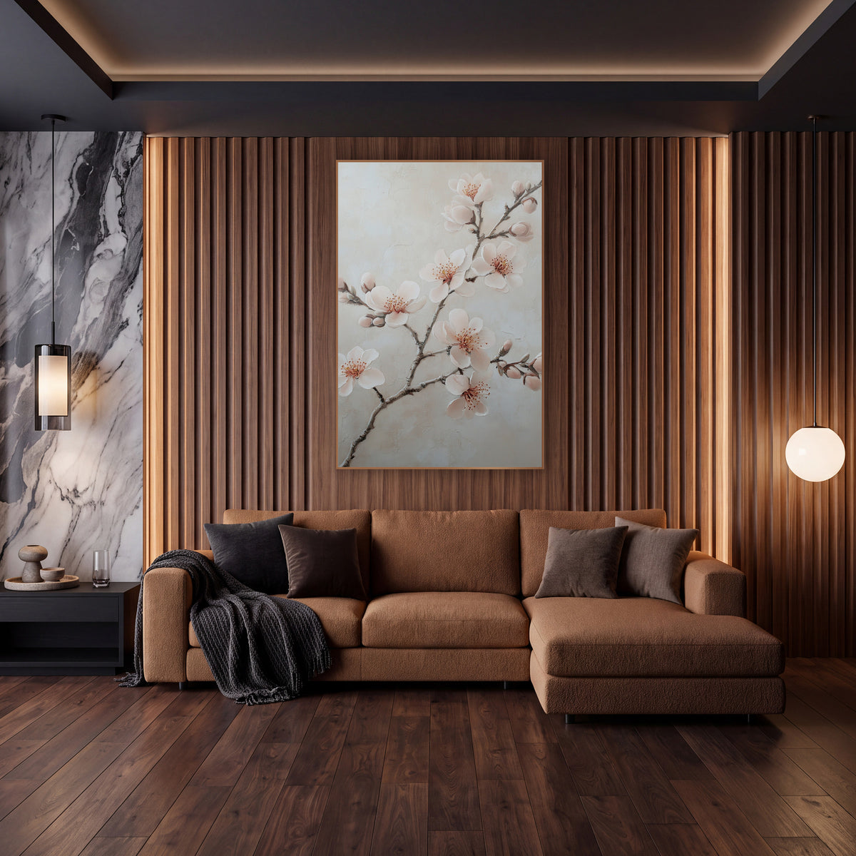 Spreading Blossom Bough Ivory Botanical wall art in an elegant modern room – branch with blush pink blossoms and buds