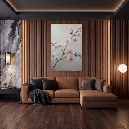 Spreading Blossom Bough Ivory Botanical wall art in an elegant modern room – branch with blush pink blossoms and buds