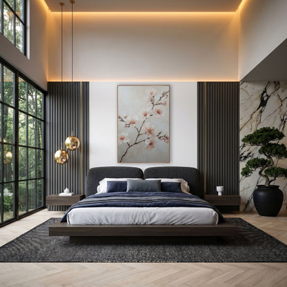 Spreading Blossom Bough Ivory Botanical wall art in an elegant modern room – branch with blush pink blossoms and buds