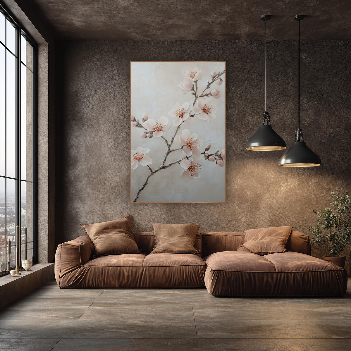 Spreading Blossom Bough Ivory Botanical wall art in an elegant modern room – branch with blush pink blossoms and buds