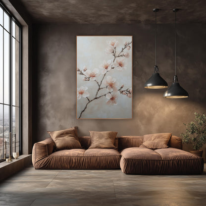 Spreading Blossom Bough Ivory Botanical wall art in an elegant modern room – branch with blush pink blossoms and buds