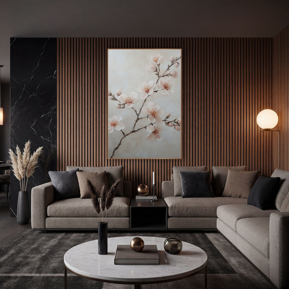 Spreading Blossom Bough Ivory Botanical wall art in an elegant modern room – branch with blush pink blossoms and buds