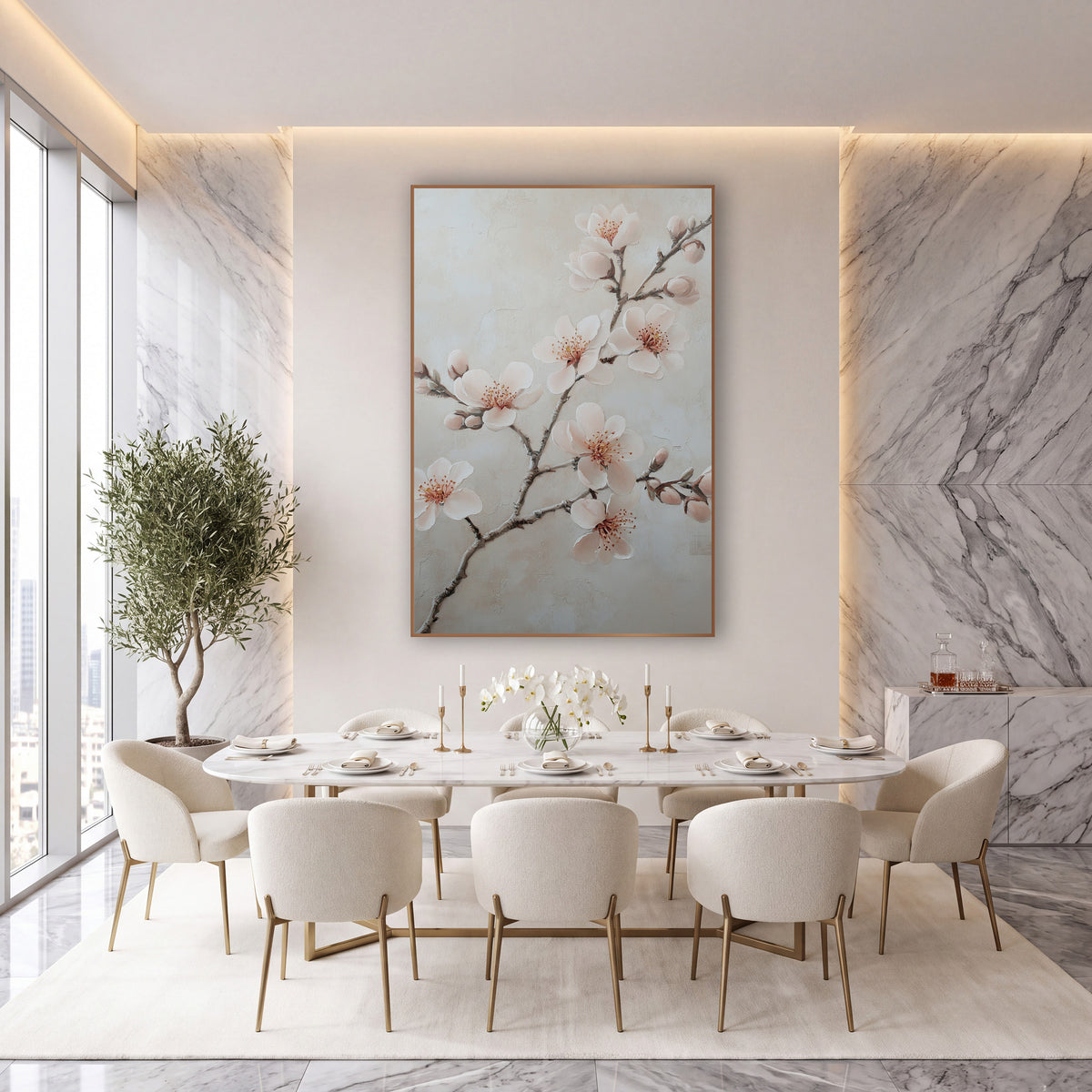 Spreading Blossom Bough Ivory Botanical wall art in an elegant modern room – branch with blush pink blossoms and buds