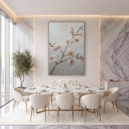 Spreading Blossom Bough Ivory Botanical wall art in an elegant modern room – branch with blush pink blossoms and buds