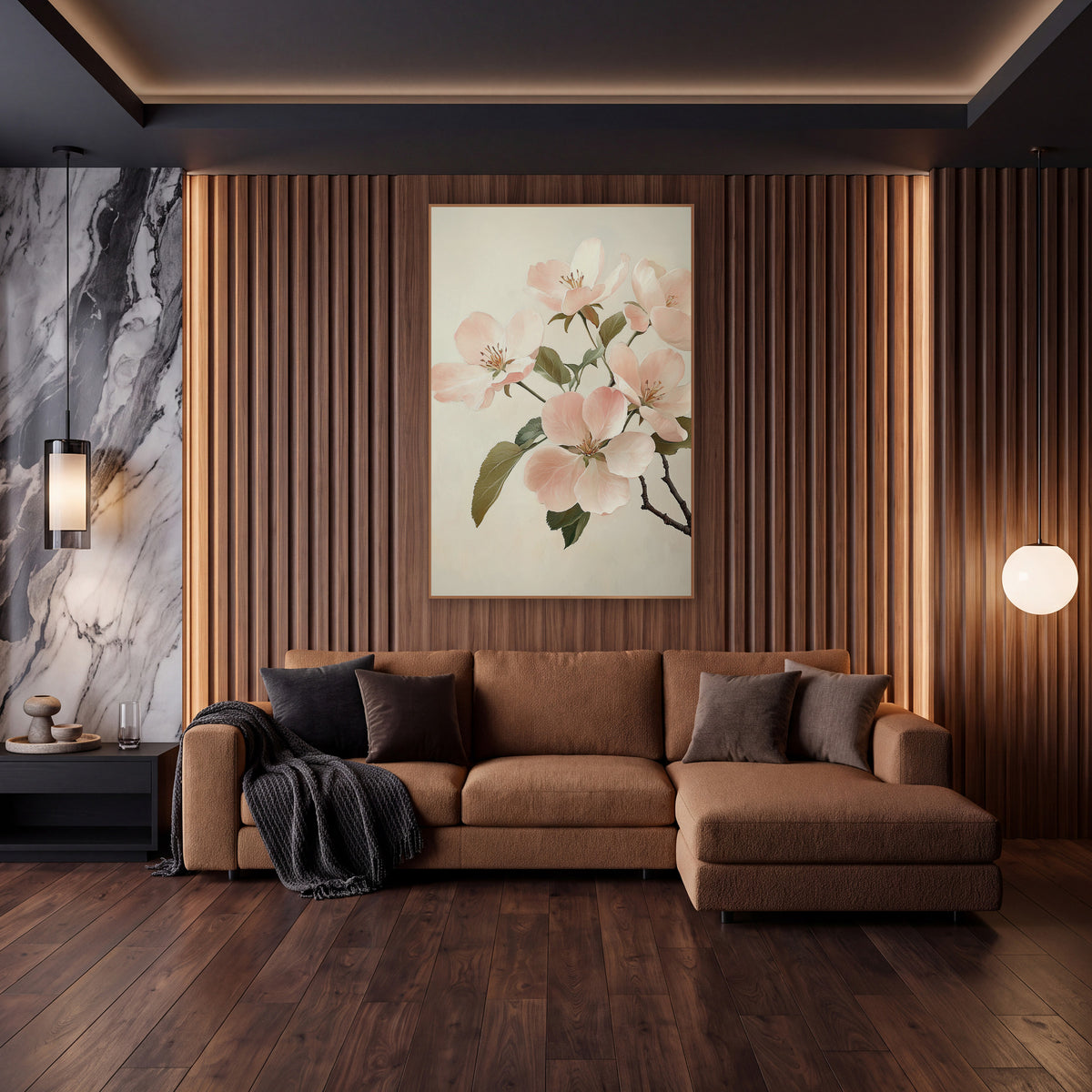 Blush Quince Blossom Cluster Classic wall art in an elegant modern room – branch of blush pink apple blossoms