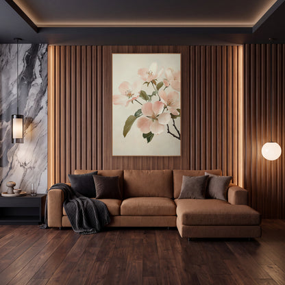 Blush Quince Blossom Cluster Classic wall art in an elegant modern room – branch of blush pink apple blossoms