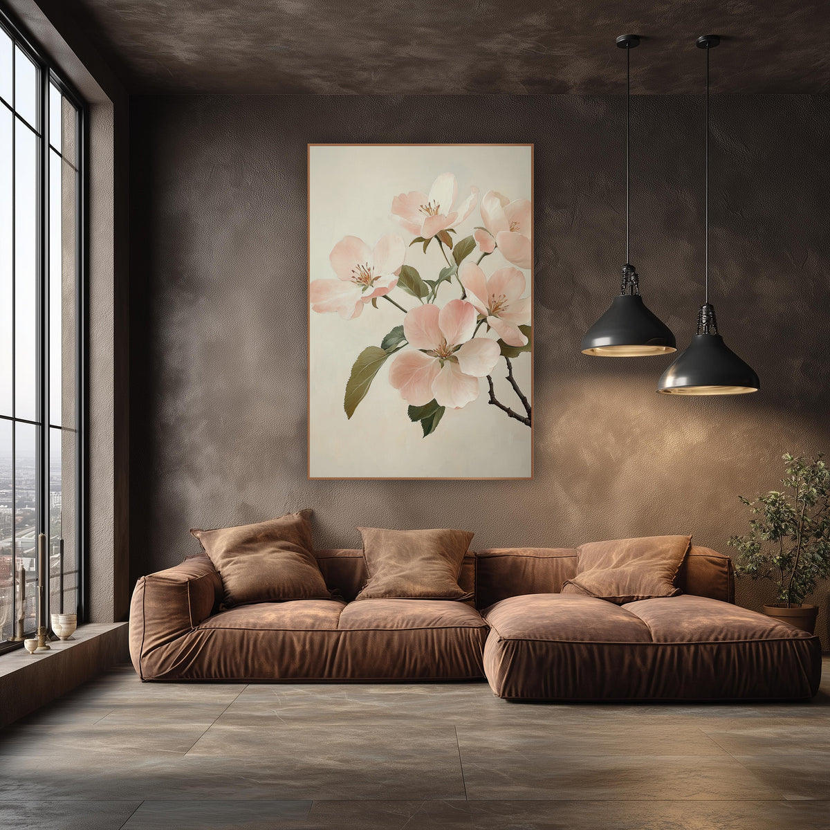 Blush Quince Blossom Cluster Classic wall art in an elegant modern room – branch of blush pink apple blossoms