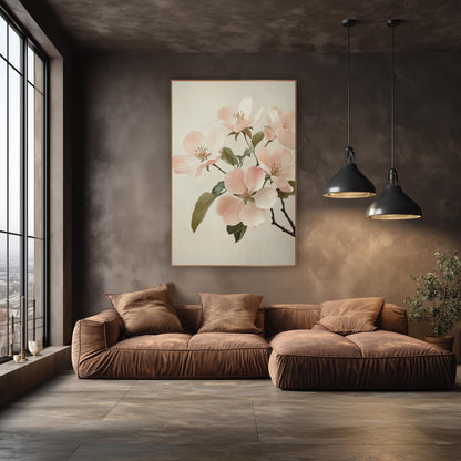 Blush Quince Blossom Cluster Classic wall art in an elegant modern room – branch of blush pink apple blossoms