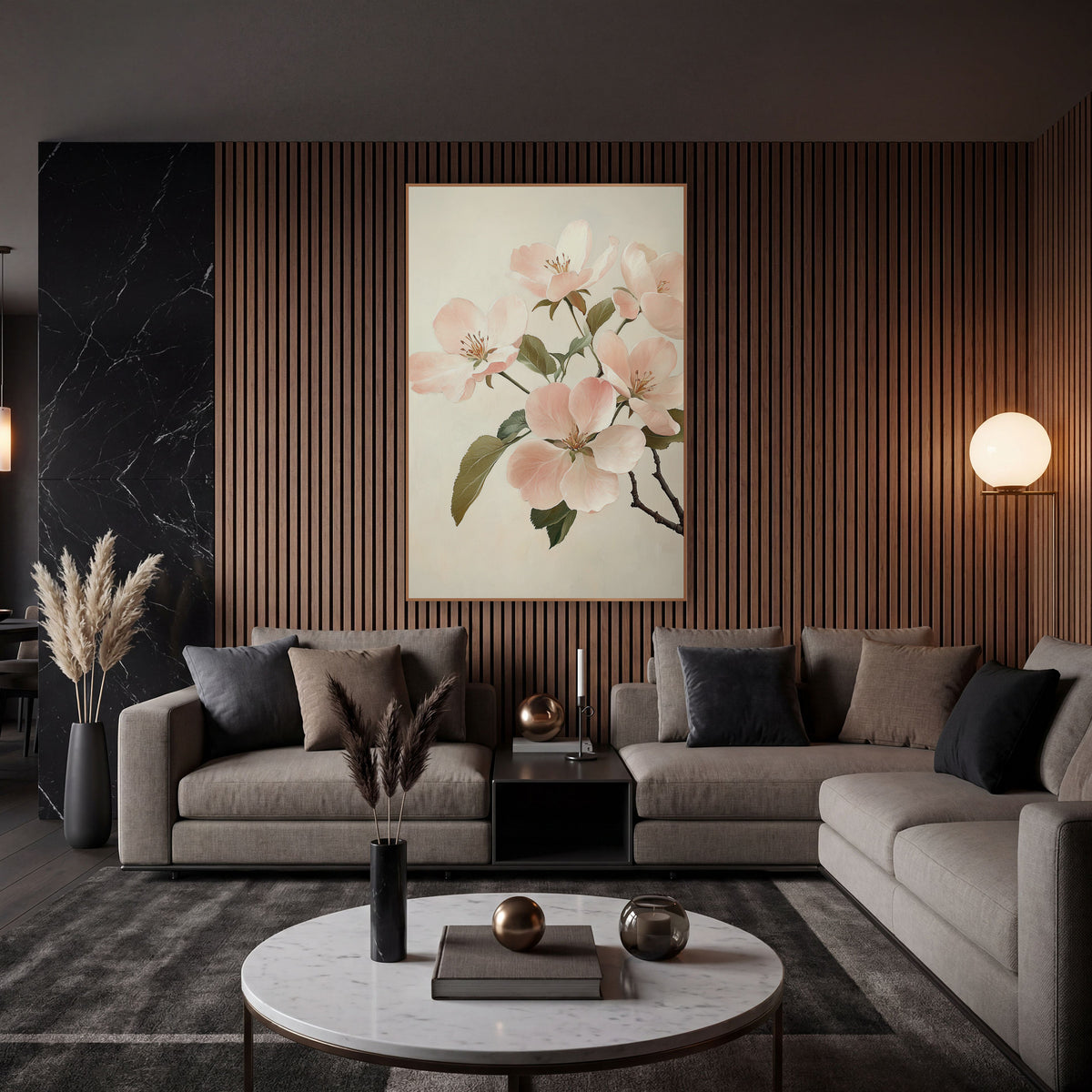 Blush Quince Blossom Cluster Classic wall art in an elegant modern room – branch of blush pink apple blossoms