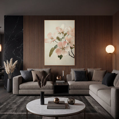 Blush Quince Blossom Cluster Classic wall art in an elegant modern room – branch of blush pink apple blossoms