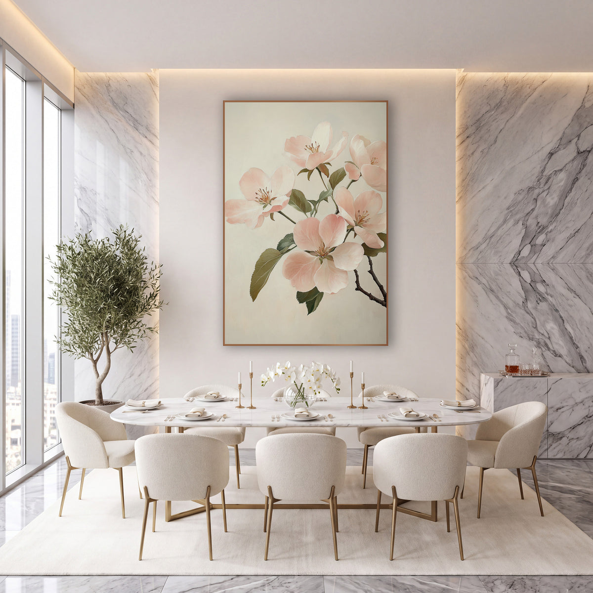 Blush Quince Blossom Cluster Classic wall art in an elegant modern room – branch of blush pink apple blossoms
