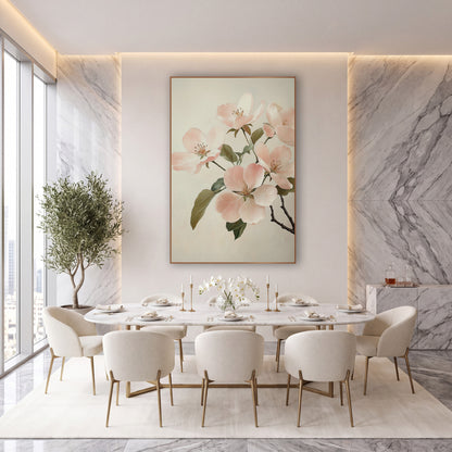 Blush Quince Blossom Cluster Classic wall art in an elegant modern room – branch of blush pink apple blossoms