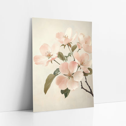 Blush Quince Blossom Cluster Classic art print leaning against a white wall – branch of blush pink apple blossoms with olive