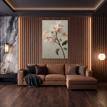 Apple Blossom Leafy Sprig Classic wall art in an elegant modern room – branch of pale pink apple blossoms with olive