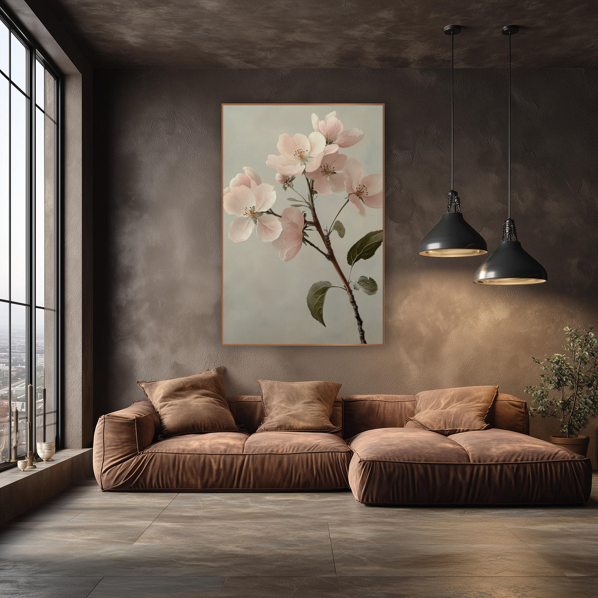 Apple Blossom Leafy Sprig Classic wall art in an elegant modern room – branch of pale pink apple blossoms with olive