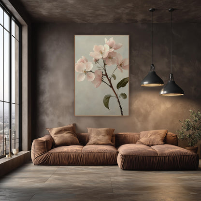 Apple Blossom Leafy Sprig Classic wall art in an elegant modern room – branch of pale pink apple blossoms with olive