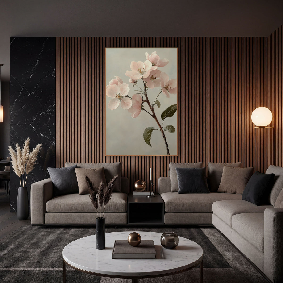 Apple Blossom Leafy Sprig Classic wall art in an elegant modern room – branch of pale pink apple blossoms with olive