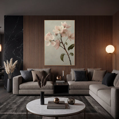 Apple Blossom Leafy Sprig Classic wall art in an elegant modern room – branch of pale pink apple blossoms with olive