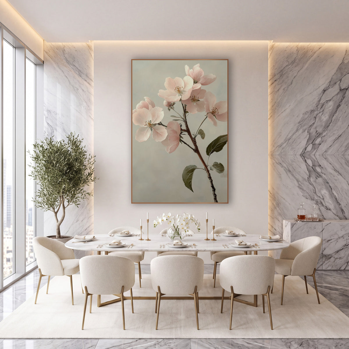 Apple Blossom Leafy Sprig Classic wall art in an elegant modern room – branch of pale pink apple blossoms with olive