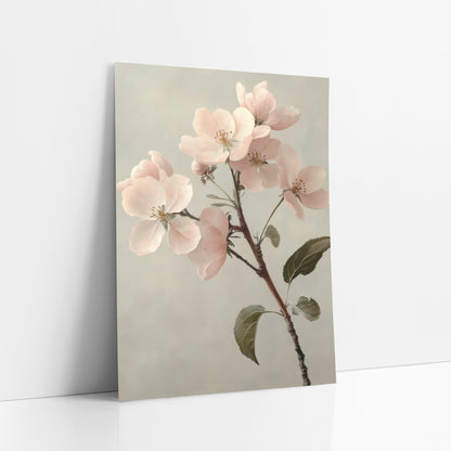 Apple Blossom Leafy Sprig Classic art print leaning against a white wall – branch of pale pink apple blossoms with olive