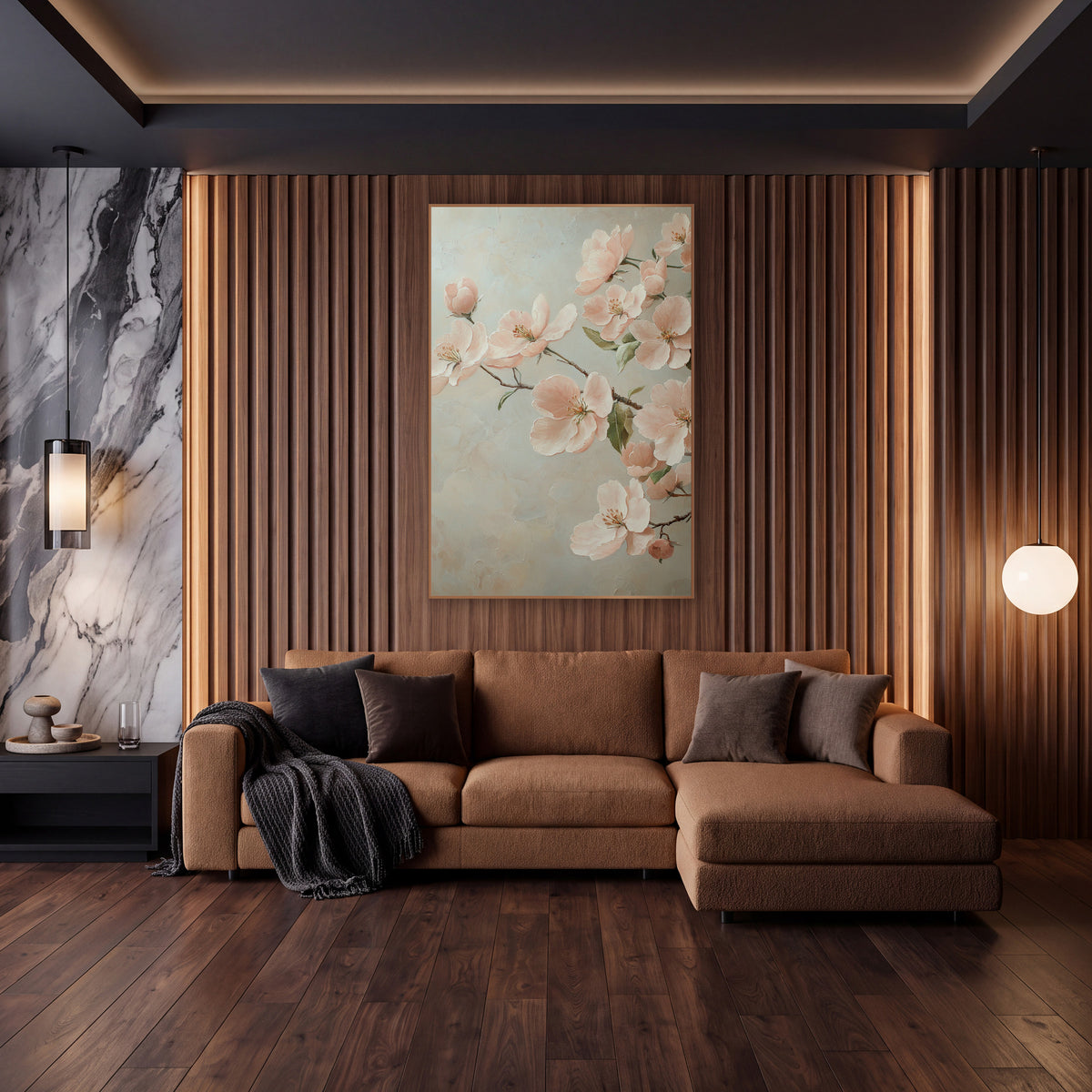 Blush Apple Blossom Romantic Floral wall art in an elegant modern room – blush pink apple blossoms and buds on a thin