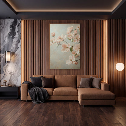 Blush Apple Blossom Romantic Floral wall art in an elegant modern room – blush pink apple blossoms and buds on a thin