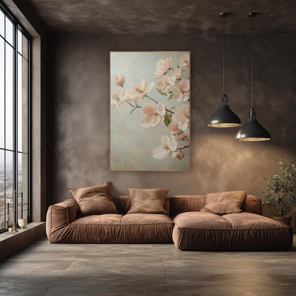 Blush Apple Blossom Romantic Floral wall art in an elegant modern room – blush pink apple blossoms and buds on a thin