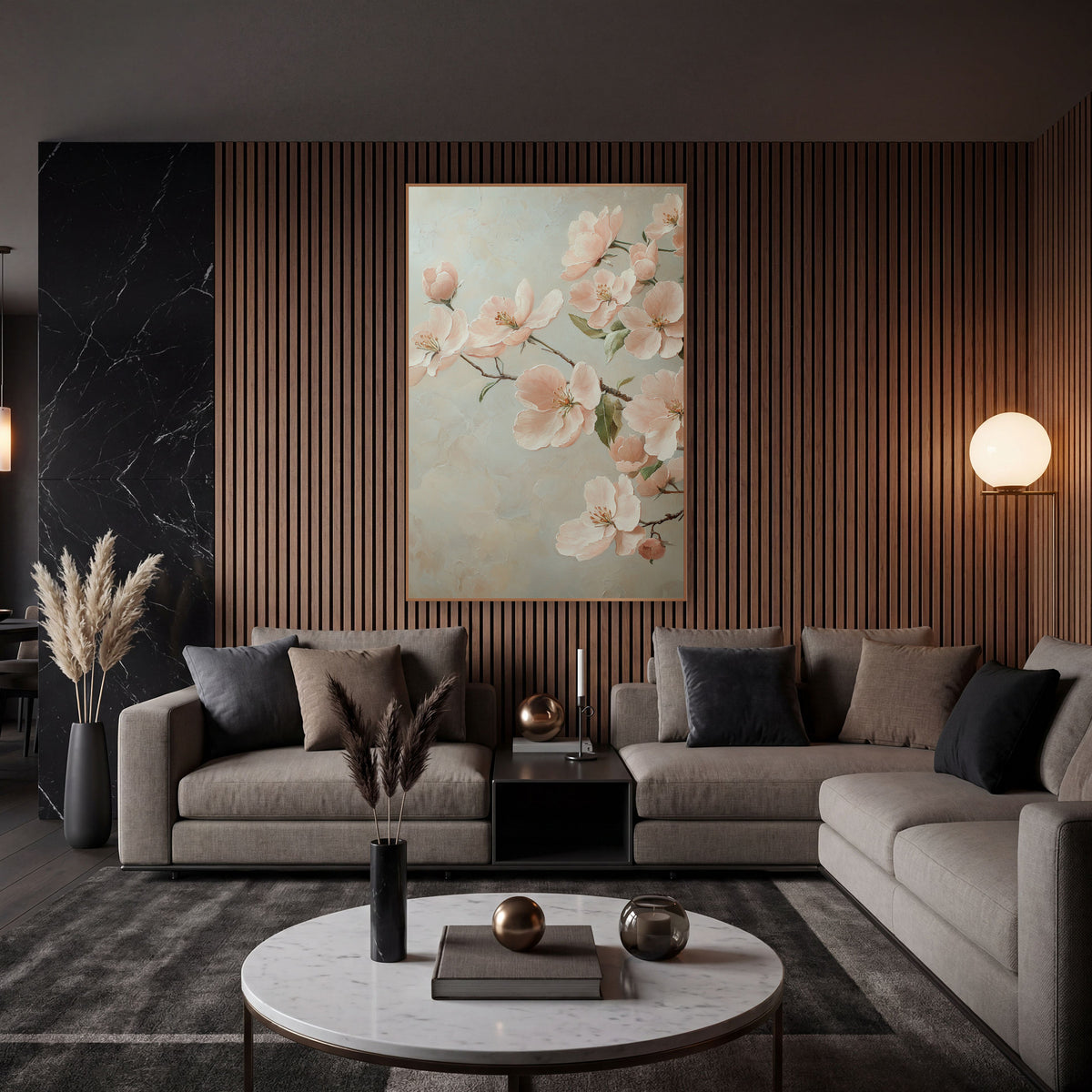 Blush Apple Blossom Romantic Floral wall art in an elegant modern room – blush pink apple blossoms and buds on a thin