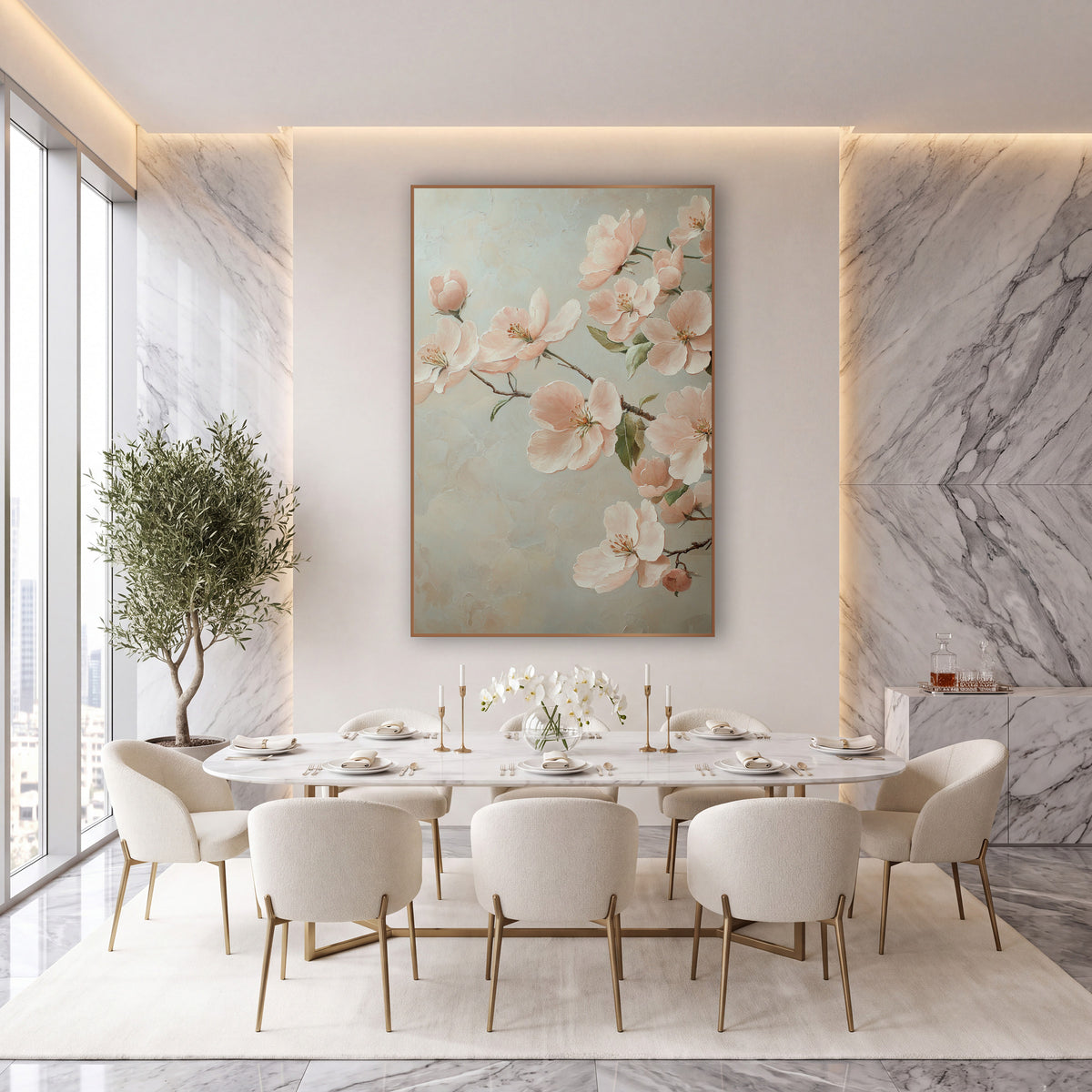 Blush Apple Blossom Romantic Floral wall art in an elegant modern room – blush pink apple blossoms and buds on a thin