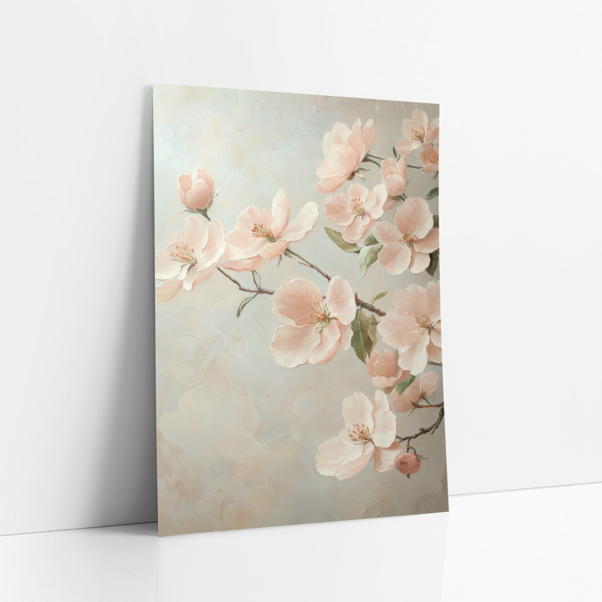 Blush Apple Blossom Romantic Floral art print leaning against a white wall – blush pink apple blossoms and buds on a thin