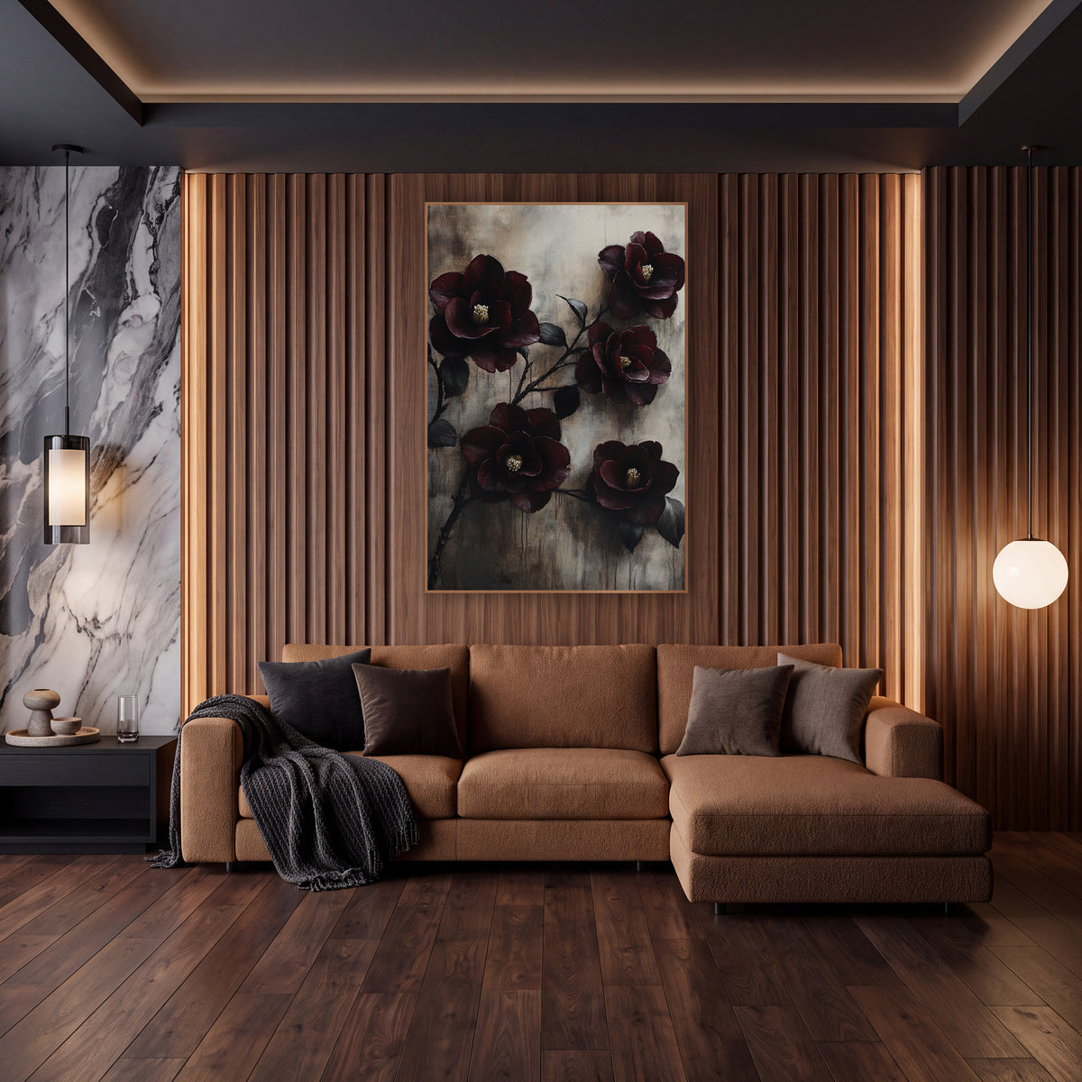 Burgundy Camellias Weathered Wall Moody wall art in an elegant modern room – five deep burgundy camellia blooms