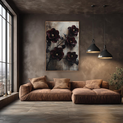 Burgundy Camellias Weathered Wall Moody wall art in an elegant modern room – five deep burgundy camellia blooms