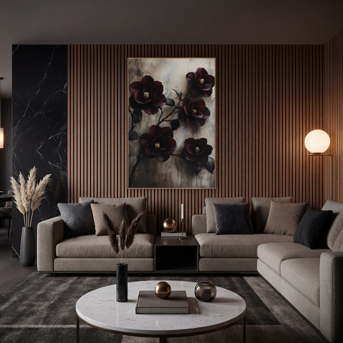 Burgundy Camellias Weathered Wall Moody wall art in an elegant modern room – five deep burgundy camellia blooms